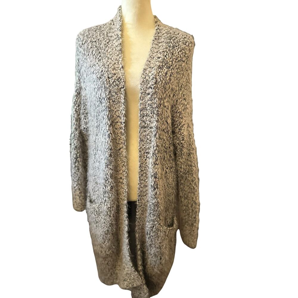 Lira Miranda Ivory Gray Marled Longline Cardigan Duster, Eyelash Knit, Size M/L